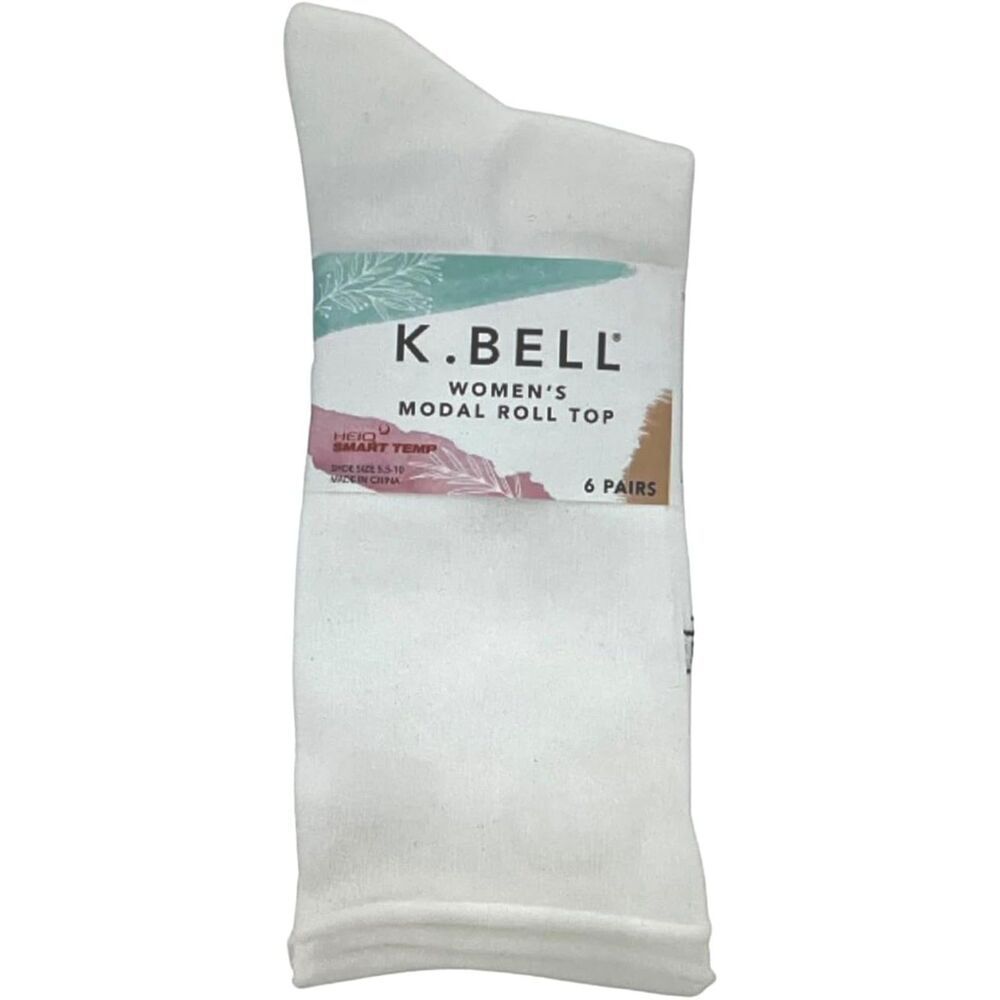 K BELL Modal Roll Top Womens Socks 6 pairs Solid Colors White Grey Blue Pink NWT